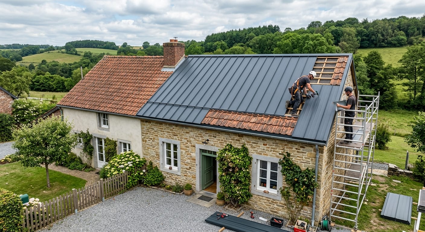 Maison unifamiliale en Wallonie avec une toiture rénovée par pose de surtoiture moderne sur ancienne couverture tuiles